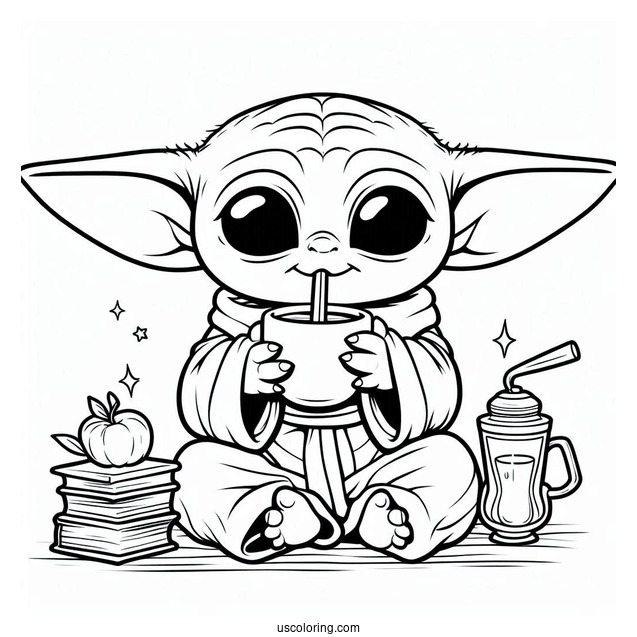 Cute Kawaii Baby Yoda Drinking Tea