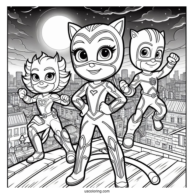 PJ Masks Coloring Page Of Luna Girl, Romeo, And Night Ninja On Rooftop At Night