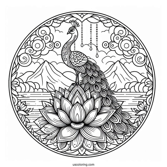Mandala Peacock Coloring Page Standing on Lotus in Mountain Landscape