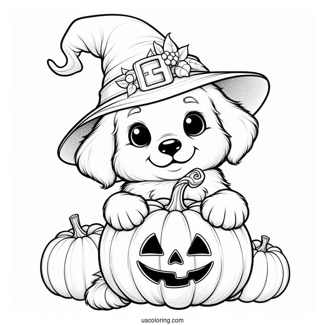Adorable Puppy Wearing A Witch Hat While Hugging A Pumpkin Coloring Page
