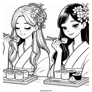 Japanese Women Eating Sushi Coloring Pages