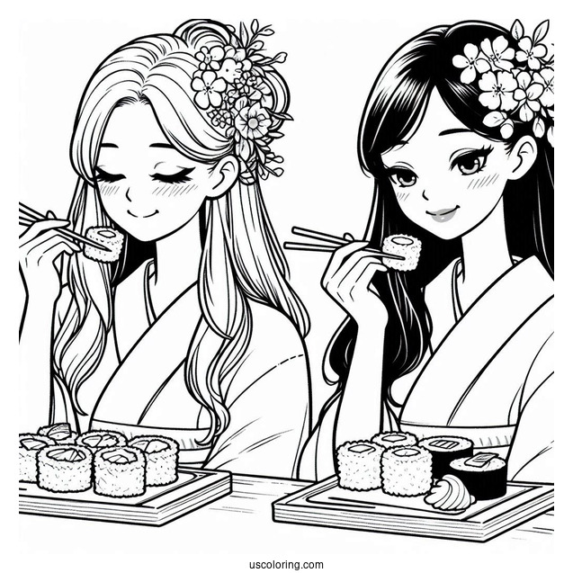 Japanese Women Eating Sushi Coloring Pages