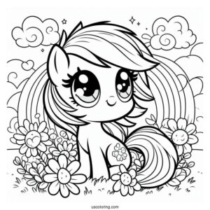 Kawaii Rainbow Dash Coloring Page In Flower Field For Preschoolers