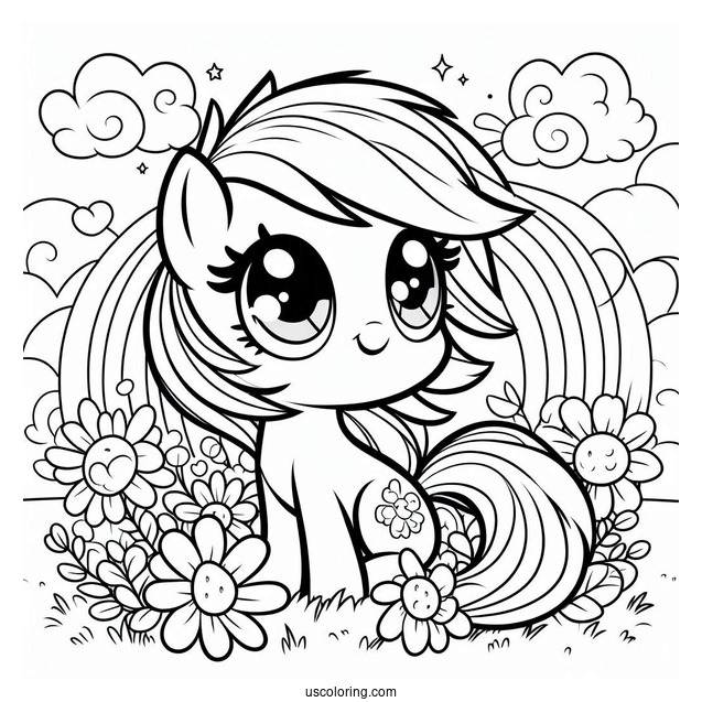 Kawaii Rainbow Dash Coloring Page In Flower Field For Preschoolers