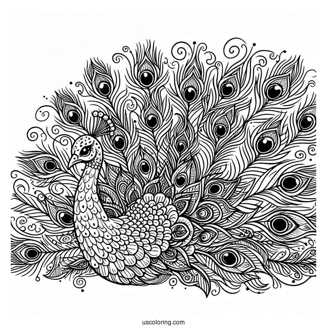 Full Page Peacock Coloring Page Close Up With Large Ornate Tail Feathers