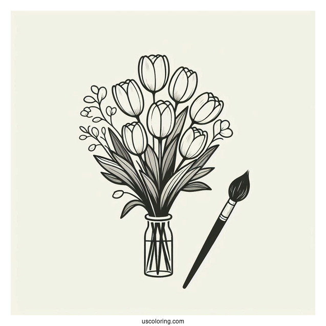Flower Coloring Pages Of Tulips Bouquet On Paint Brush Handle Vase