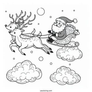 Santa Flying In The Sky With His Reindeer