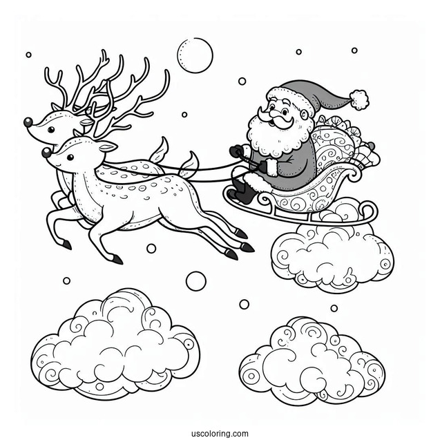Santa Flying In The Sky With His Reindeer