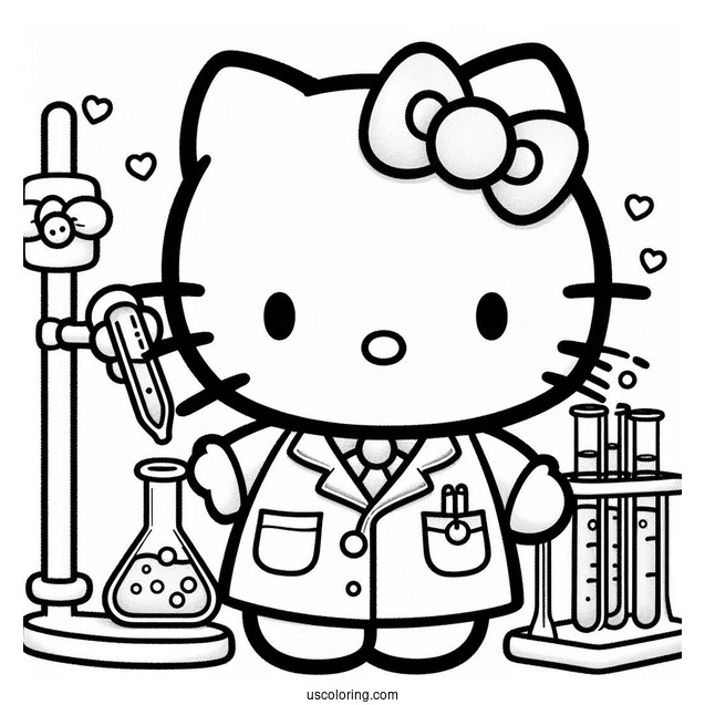 Science Coloring Page Of Hello Kitty In Laboratory Coat Holding A Flask And Test Tube For Kids