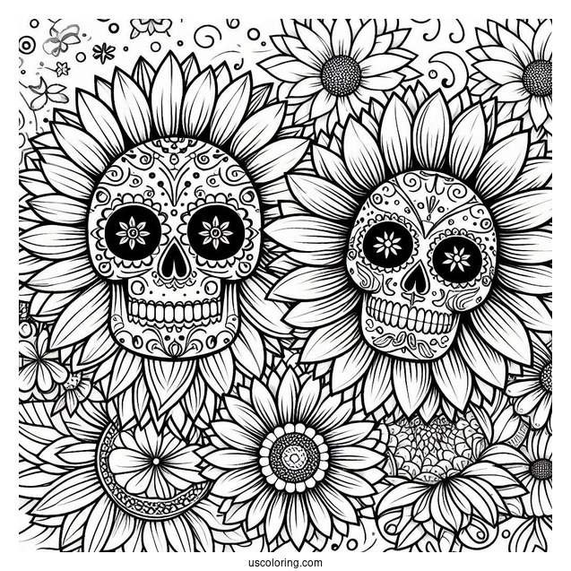 Sunflower Themed Sugar Skulls Coloring Page With Floral Background