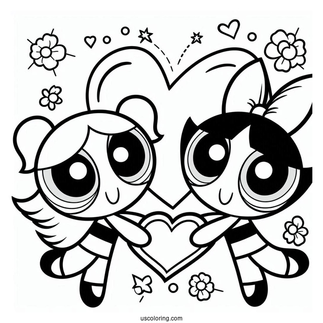 Powerpuff Girls In Love Heart Coloring Sheet