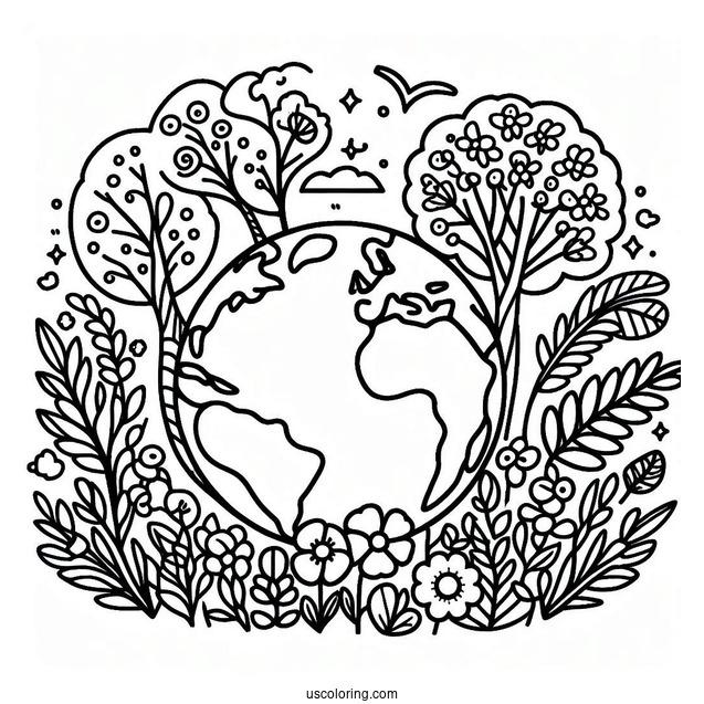 Tree And Flower Bushes Growing Around Earth Coloring Page