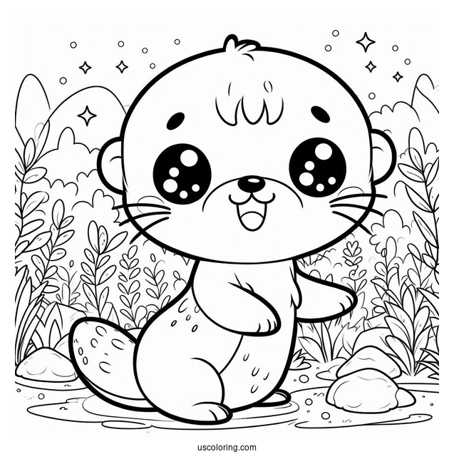 Kawaii Otter Coloring Page In The Forest For Kids