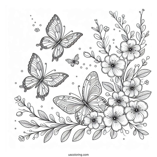 Butterflies Hovering Above Flowers In Spring