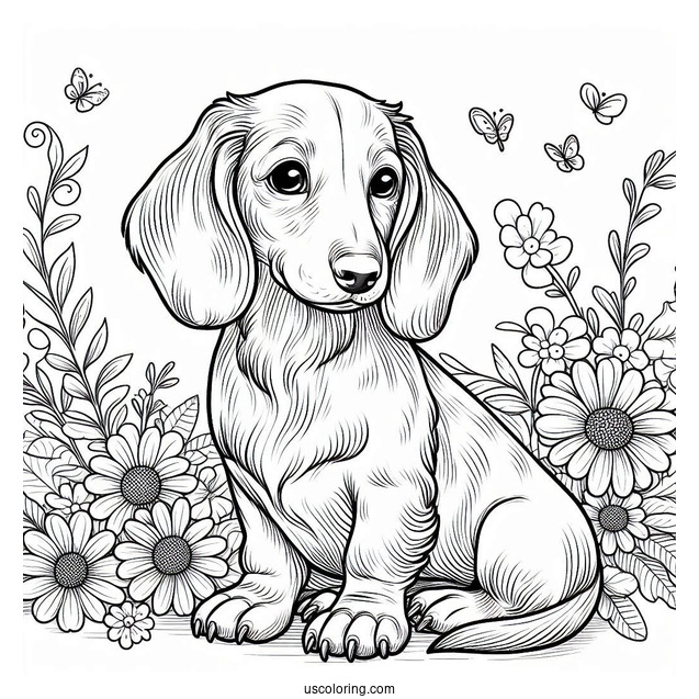 Dachshund Coloring Page Sitting With Flowers
