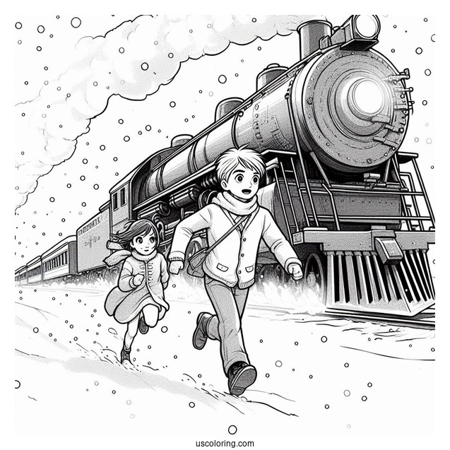Polar Express Coloring Page Of Lonely Boy And Hero Girl Chasing Hero Boy In The Snow