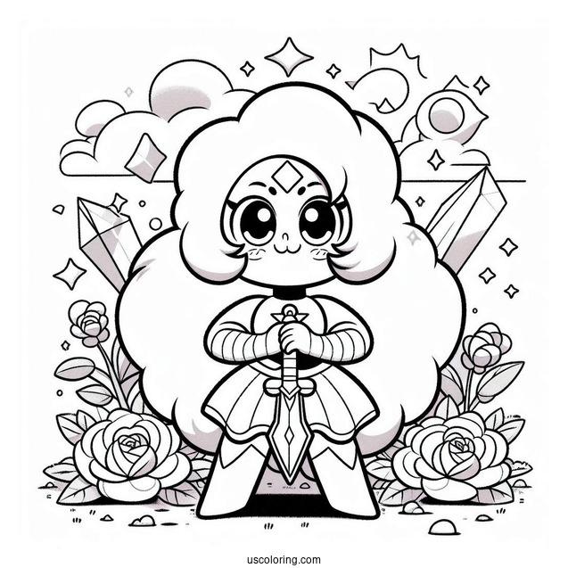 Steven Universe Coloring Page Of Cute Rose Quartz Holding Sword And Shield For Kids