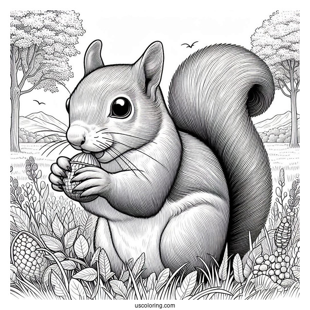 Realistic Squirrel Coloring Page Eating Nut On Field