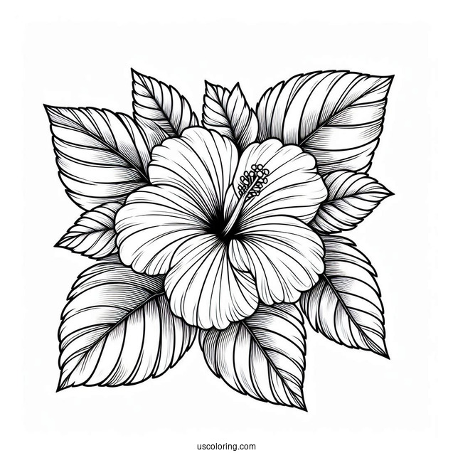 Flower Coloring Pages Of Large Hibiscus Among Leaves