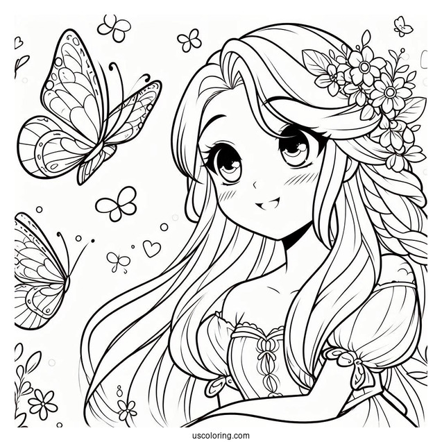 Princess Coloring Page Of Anime Rapunzel With Butterflies