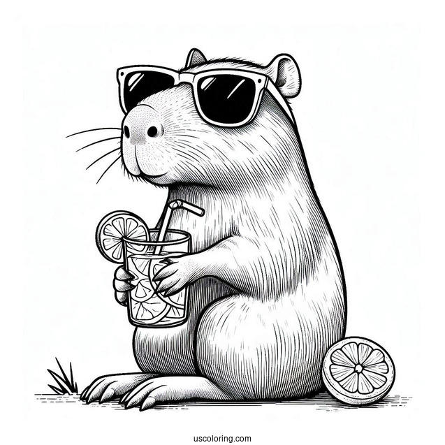 Capybara Coloring Page Wearing Sunglasses And Drinking Lemonade