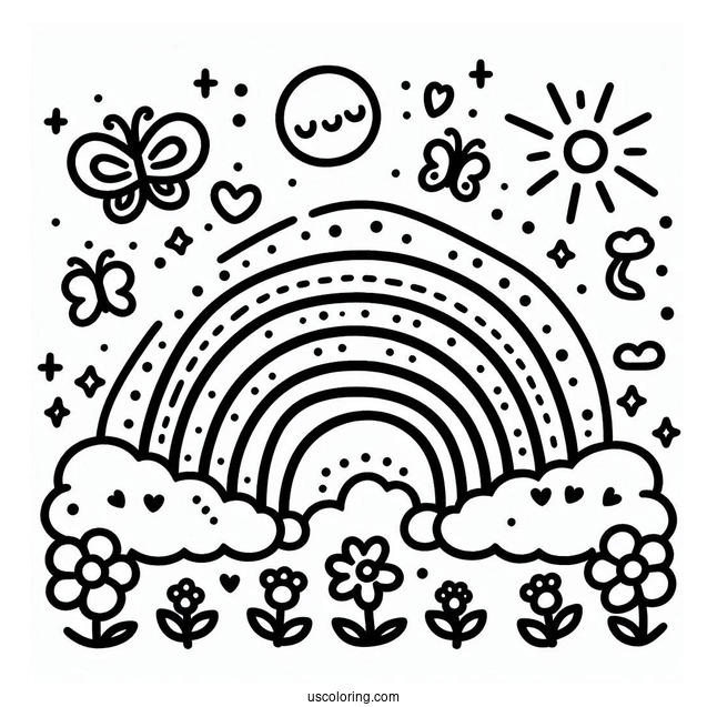 Kawaii Polka Dot Rainbow Coloring Page With Clouds, Flowers, And Butterflies For Kids