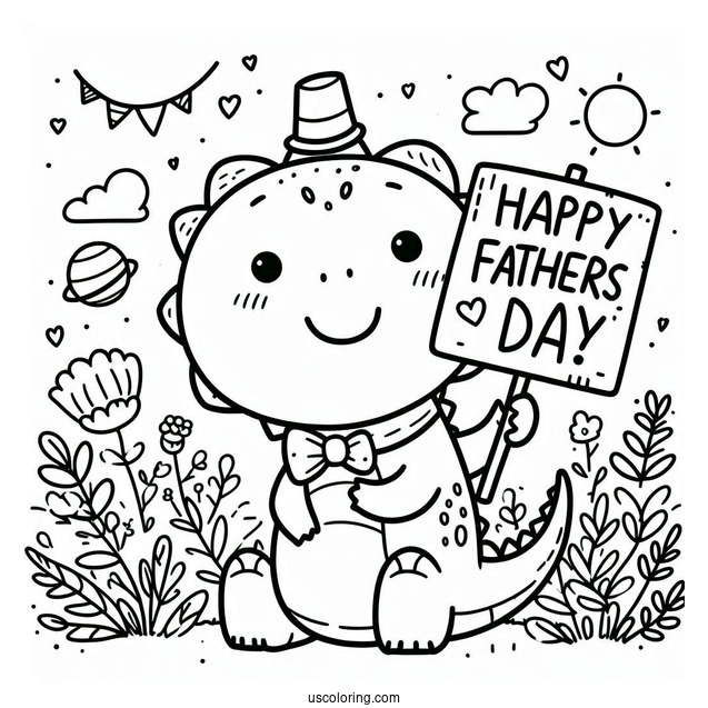 Father's Day Coloring Page Of Cute Dinosaur Holding A Happy Father's Day Sign For Kids