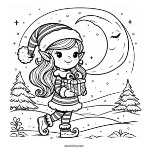 Elf Holding Present Walking In The Snow
