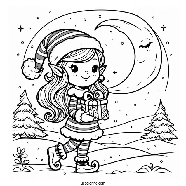 Elf Holding Present Walking In The Snow