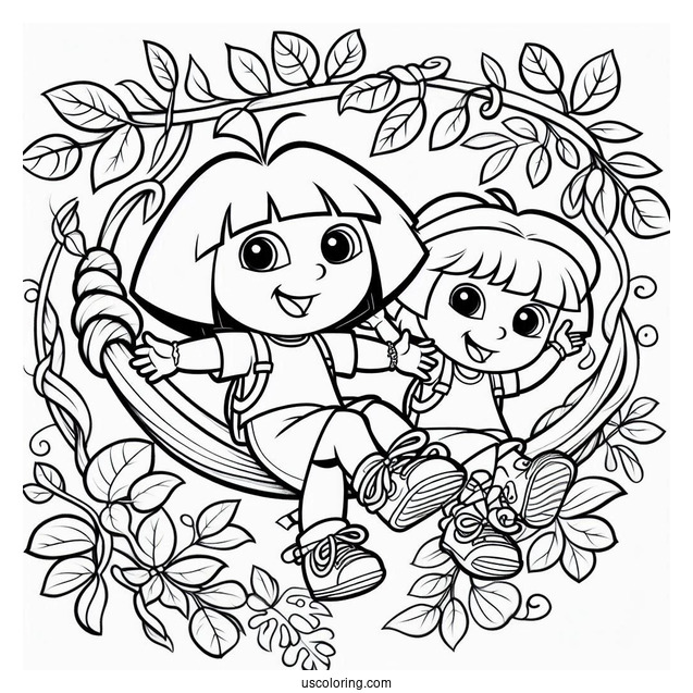 Dora And Boots Swinging From Vine With Swiper_