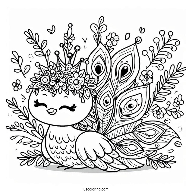 Smiling Cartoon Peacock Coloring Page with Floral Crown and Fanned Feathers For Kids