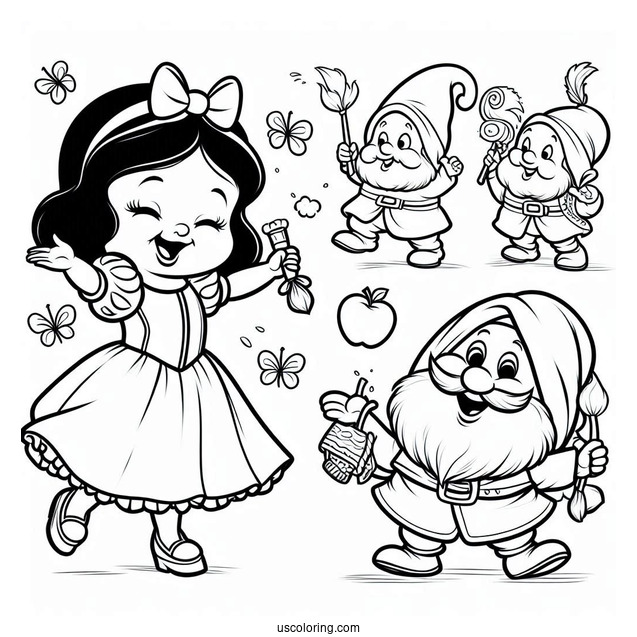 Snow White Coloring Pages Of Happy Dwarf Dancing For Preschoolers