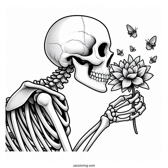 Realistic Skeleton Coloring Page Sniffing Flower