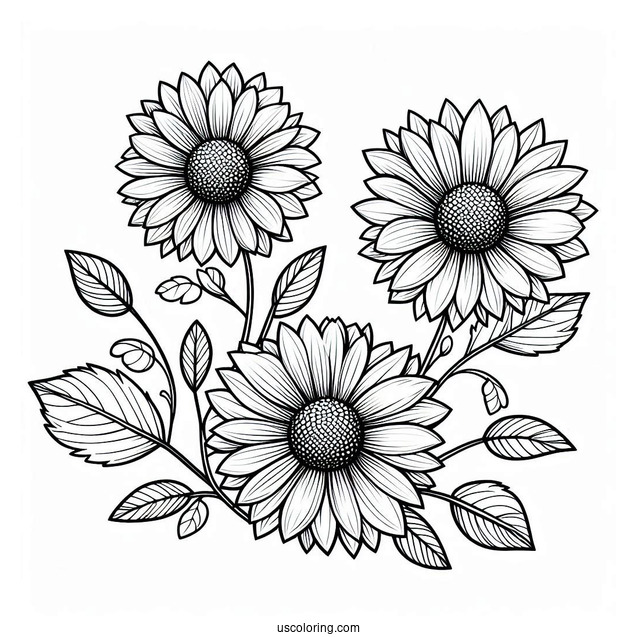 Flower Coloring Pages Of Three Small Sunflowers With Leaves