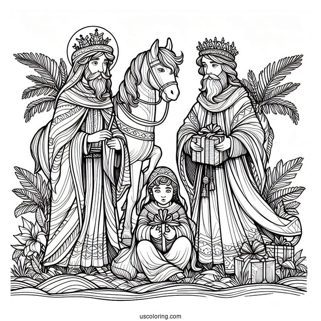 Nativity Coloring Page Of The Three Wise Men Carrying Gifts
