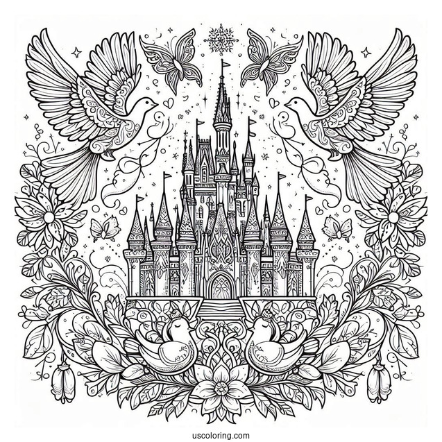 Fantastical Cinderella Mandala With A Castle And Doves