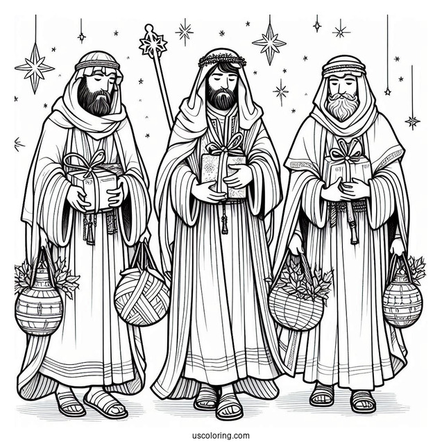 Nativity Coloring Page Of The Three Wise Men Carrying Gifts