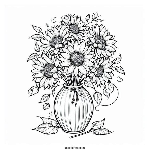 Several Sunflowers In Vase Coloring Sheet