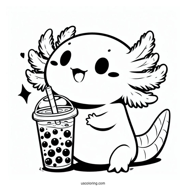 Axolotl Coloring Page Drinking Boba Tea For Kids