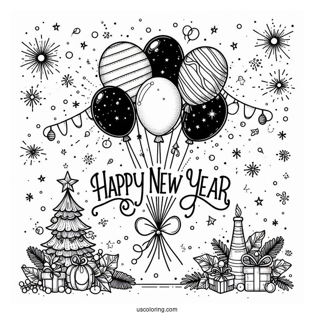 Balloons In The Middle Of Happy New Year Coloring Page Of Words For Kids