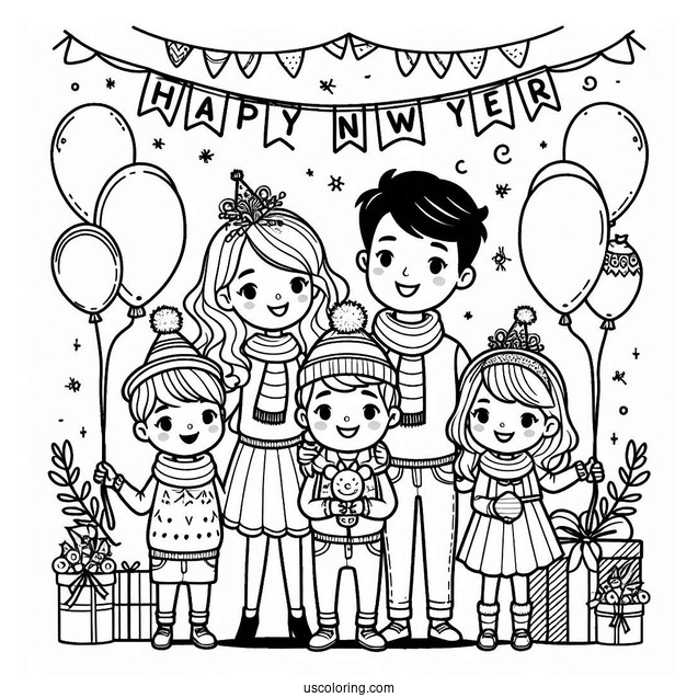 Family Celebrating The New Year Coloring Page With Banners And Balloons For Kids