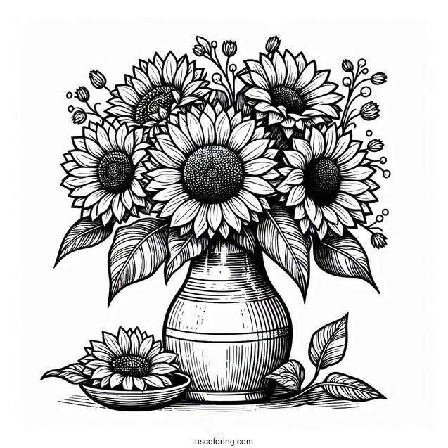 Detailed Sunflowers In Vase For Coloring