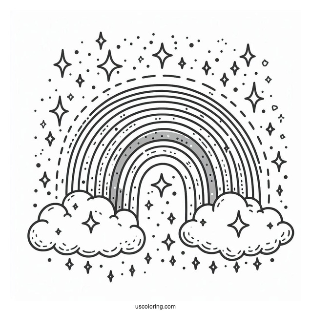 Sparkling Rainbow In Cloudy Sky Coloring Sheet