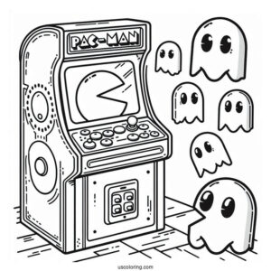 Pac-Man Coloring Page And Ghosts Leaping Out Of Arcade Machine