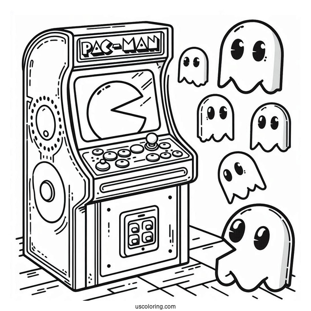 Pac-Man Coloring Page And Ghosts Leaping Out Of Arcade Machine