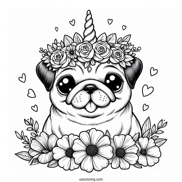 Adorable Pug Coloring Page Wearing a Unicorn Horn and Flower Crown