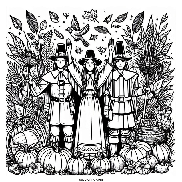 Pilgrim Coloring Page With Native Americans Surrounded By Harvest