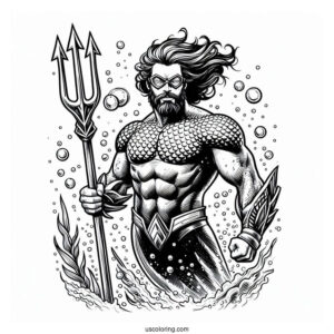 Aquaman Holding Trident Underwater Coloring Sheet