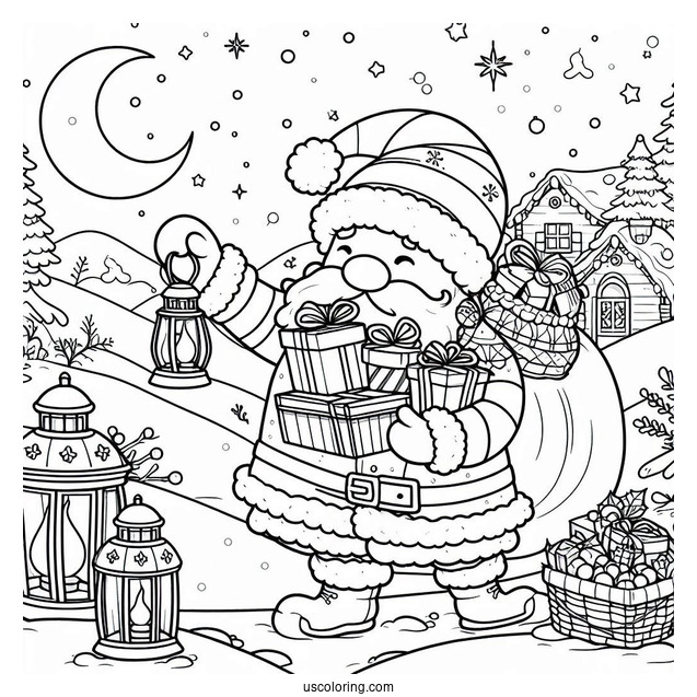 Santa Carrying Christmas Presents And Lanterns In The North Pole Coloring Page
