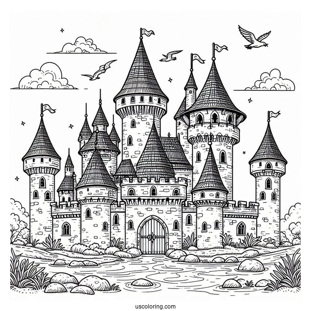 Medieval Castle Coloring Page With Moat